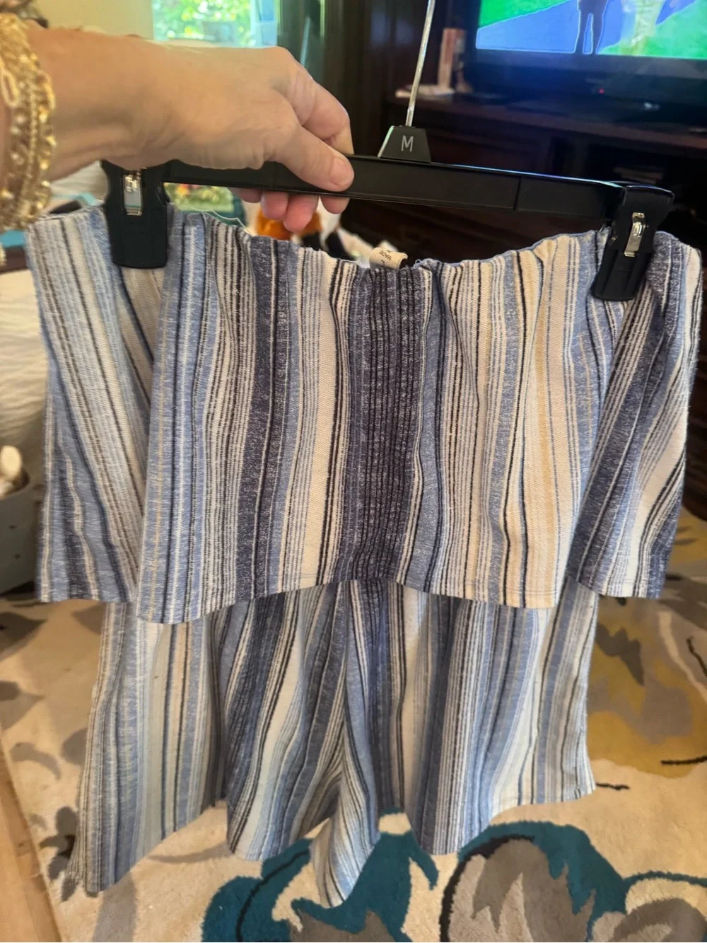 Bebop Striped Off-Shoulder romper in Blue and Cream large